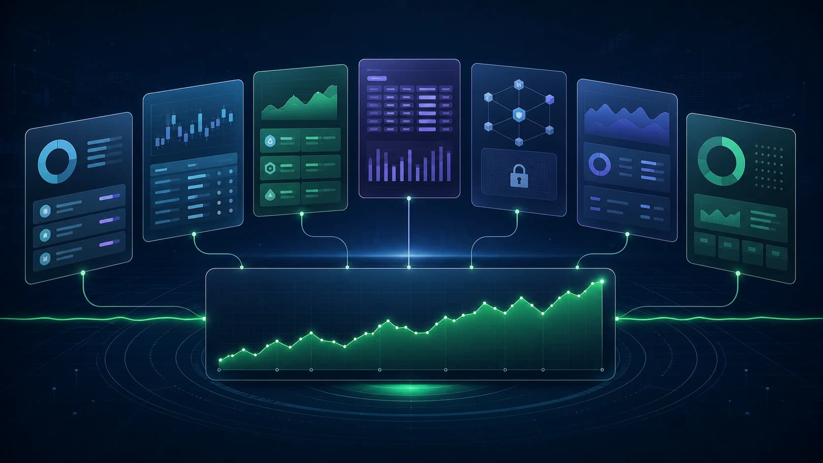 Seven crypto portfolio dashboards feeding into one green historical net worth timeline