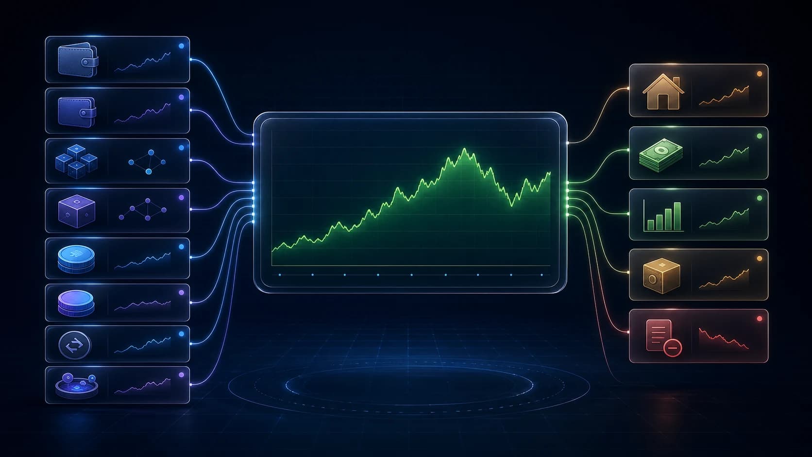 Crypto wallets, DeFi, property, cash, investments, and liabilities feeding one net worth history