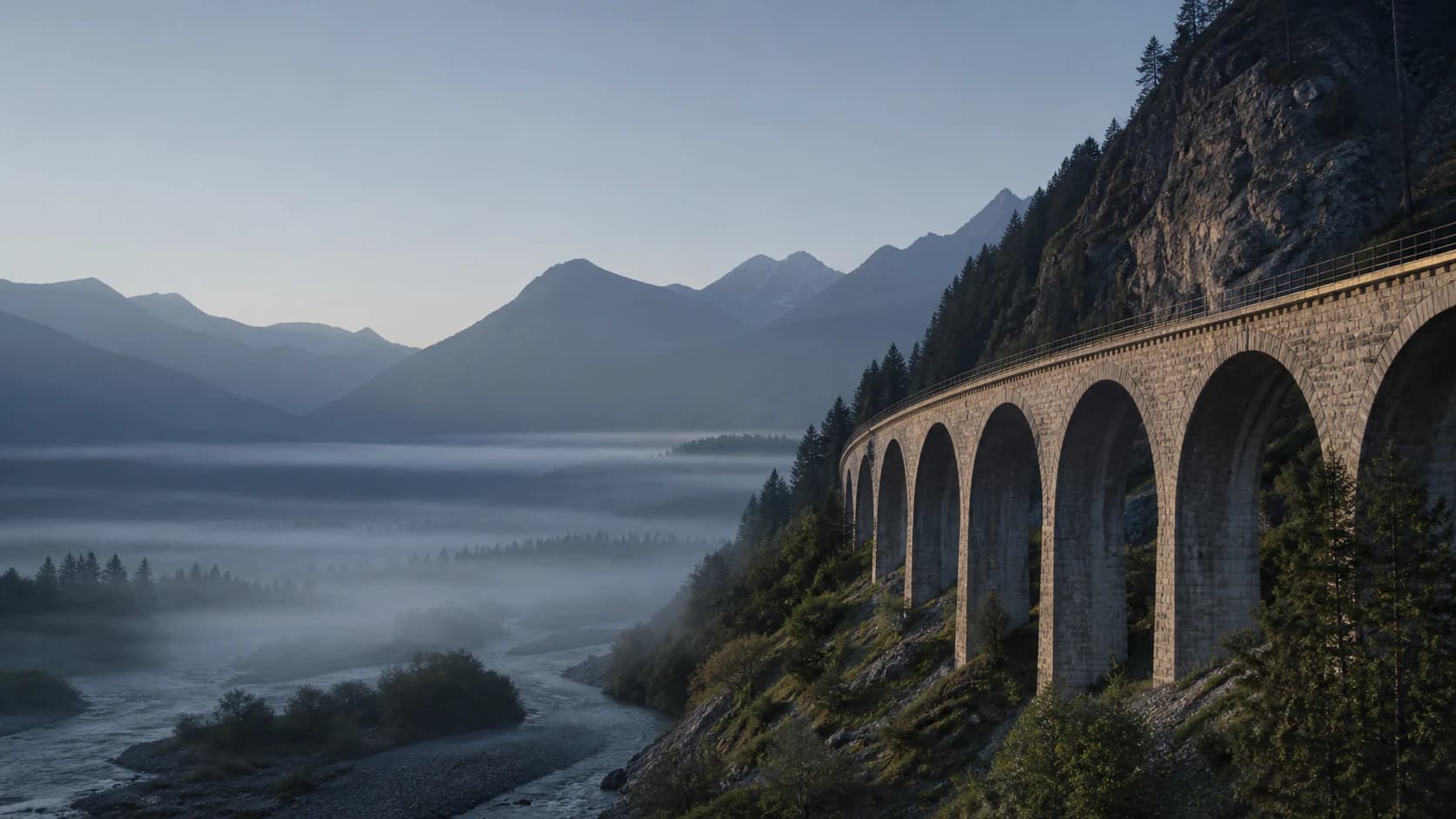 Historic Alpine stone viaduct above a misty valley
